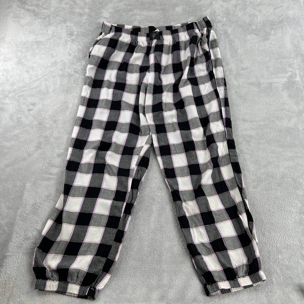 Victoria's Secret Pajama Pants Womens L Black White Plaid Flannel Lounge Jogger